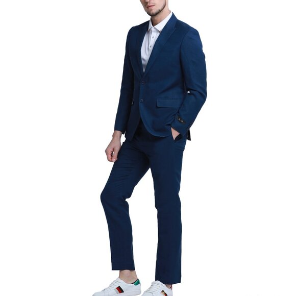 Navy Linen 2 Piece Peak Lapel Skinny Fit Men's Suit